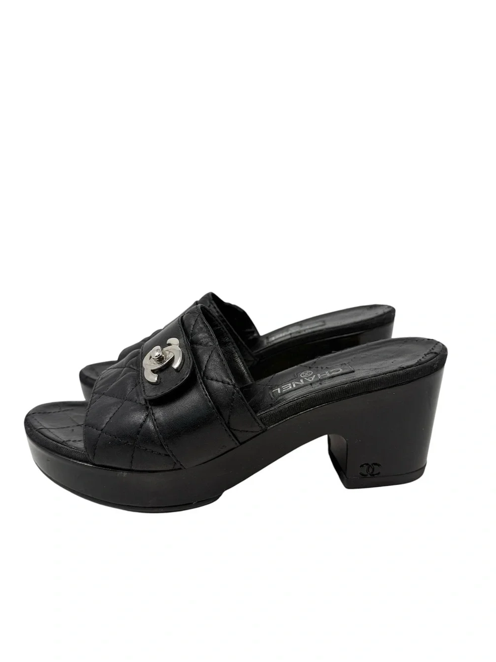 Chanel Black Quilted CC Slip On Turnlock Platform Mules Slides Clogs Sandals 38